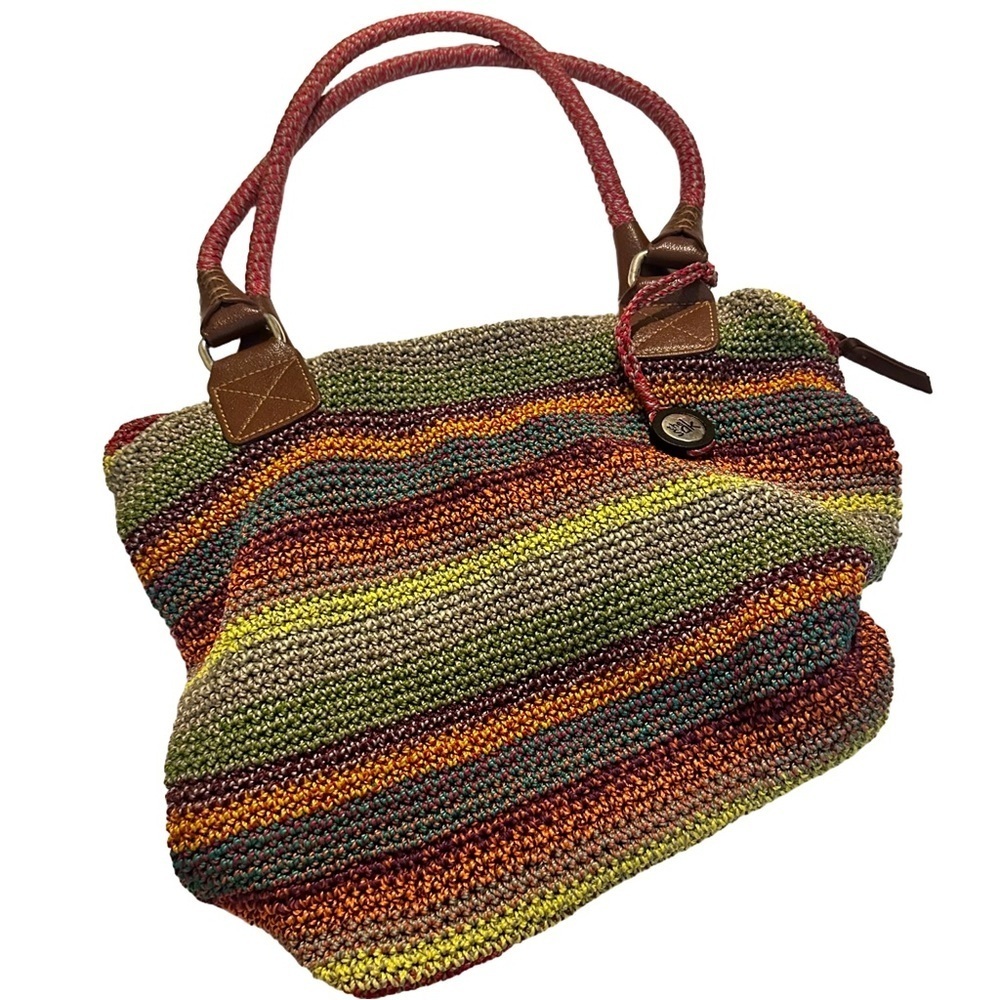 The Sak Cambria Large Rainbow Stripe Crochet Knit Tote Shoulder Bag Zip Boho